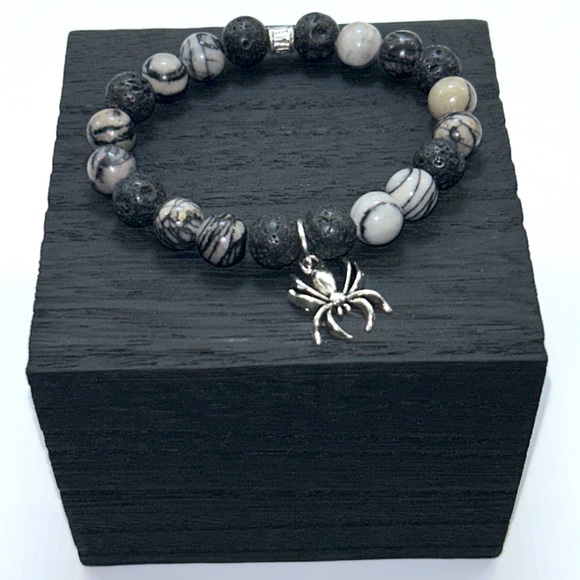 Handmade Halloween Spider Charm Bracelet with Natural Jasper & Lava Rock Stones! - Picture 4 of 8